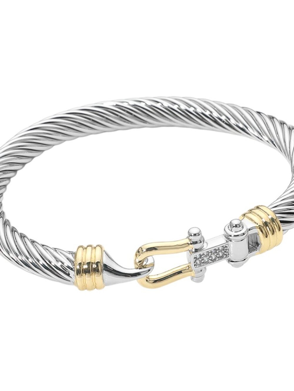 14K Gold Plated Two Tone Twisted Cable CZ Pavé Hook Bangle Bracelet